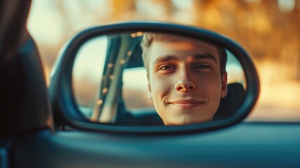 Smiling young man reflected in car side view mirror with warm golden sunlight creating a cheerful driving mood, conveying a positive journey concept.