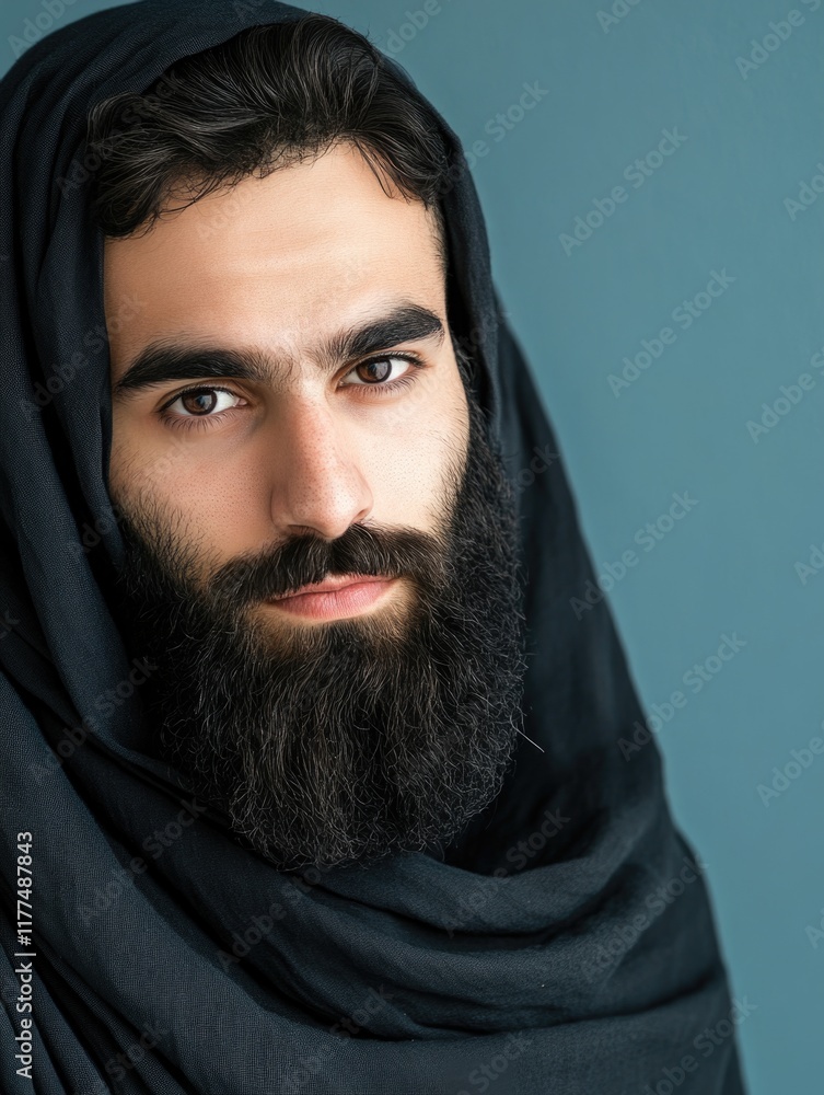 Poster bearded man wearing a black hijab with expressive gaze against a soft blue backdrop featuring ample 