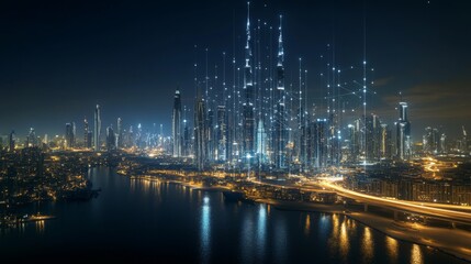A futuristic cityscape at night with glowing data streams and digital connections overlaying the skyline, symbolizing AI-powered smart cities and global connectivity