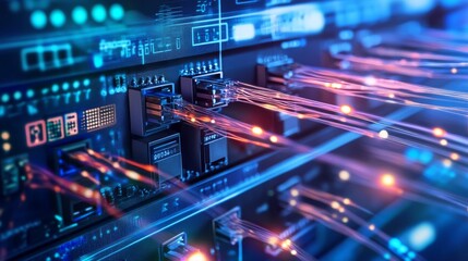 A close-up of fiber optic cables with pulses of multicolored lights traveling through, representing fast data transfer in a high-tech network.