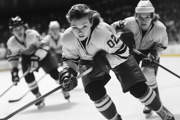 Fototapeta premium Close-up of determined hockey player in uniform leading pack on ice, showcasing teamwork and focus during intense winter tournament.