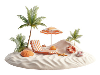 Obraz premium Isolated Beach Decoration with Umbrella and Palm Trees in 3D Render