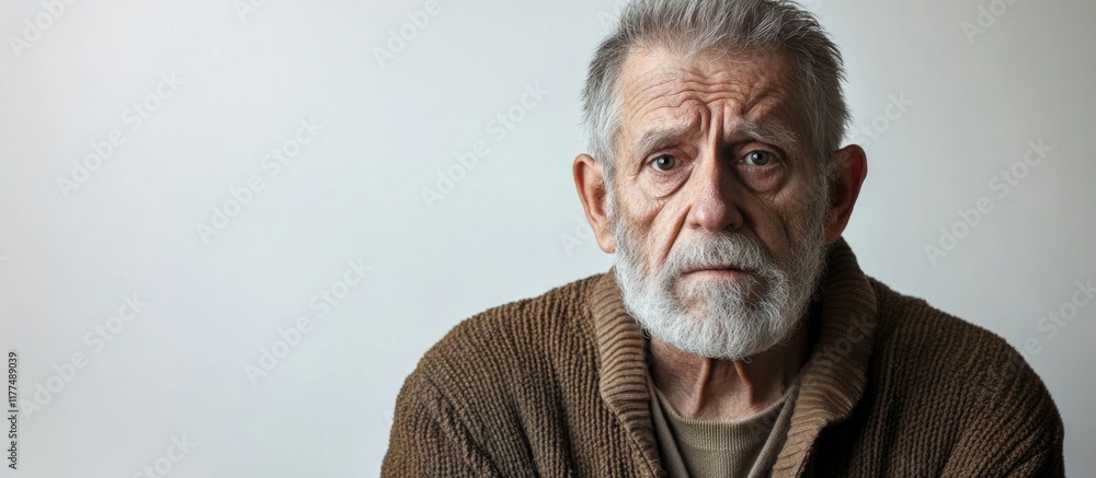 Poster portrait of an elderly man with a distinguished expression, featuring a neutral gray background with