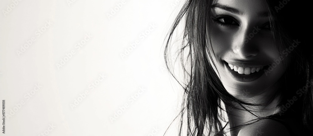 Poster brunette woman smiling against a soft white background with ample empty copyspace for text in a high