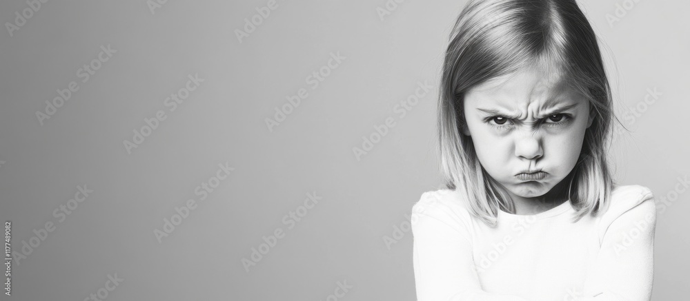 Poster monochrome studio portrait of an angry child with a stern expression against a soft gray backdrop fe