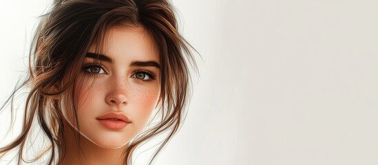 Beautiful young woman with flowing brown hair against a soft light background featuring large empty space for text or branding - portrait close-up.
