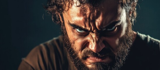 Intense close-up of an angry bearded man against a dark textured background with ample empty copyspace for dynamic text placements.