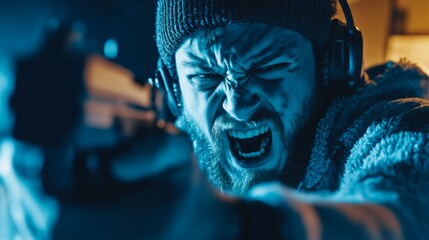 Handheld shot of gamer streaming multiplayer first person shooter angry after losing online tournament on gaming pc. 