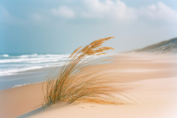 Beach grass blowing in wind on sandy shore with ocean waves