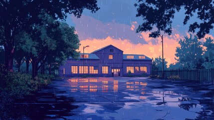 Fototapeta premium Rain Streaks Across Sunset Over Factory Building