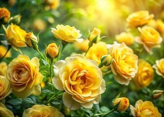 Long Exposure Yellow Rose Bush, Lush Green Leaves, Blooming Flowers, Garden Photography, Nature Background