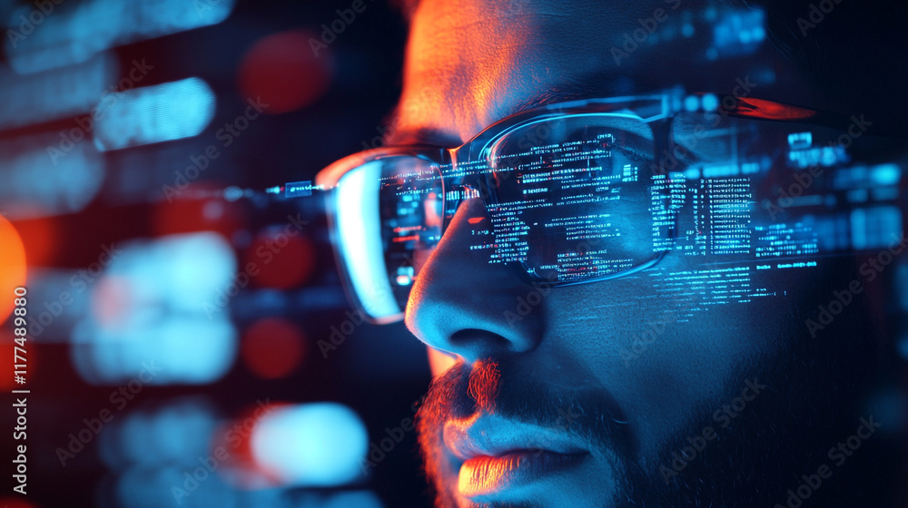 Poster focused individual with glasses analyzing digital data in a high-tech environment
