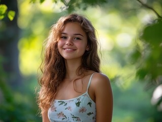 Charming young woman with wavy hair smiling in lush green park during bright summer day, featuring ample copy space for text overlay