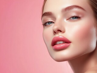 Fototapeta premium Elegant young woman undergoing a lip filler injection in a beauty clinic, showcasing soft pink tones and smooth skin against a vibrant pink background, ideal for cosmetic enhancement concepts.