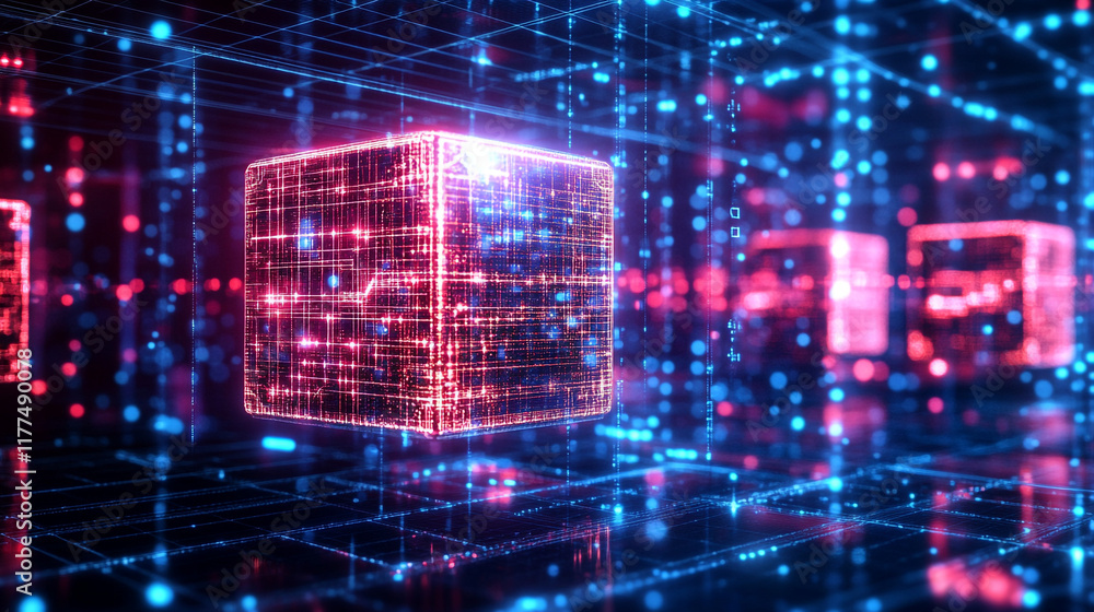 Poster illuminated digital cubes in a futuristic data grid environment at night