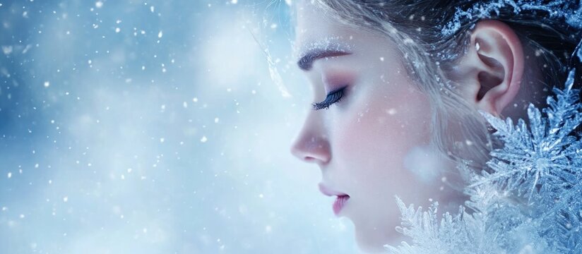 Elegant Ice Princess Profile in Winter Wonderland with Snowflakes and Frosty Background for Text Overlay in Soft Blues and Whites - Powered by Adobe