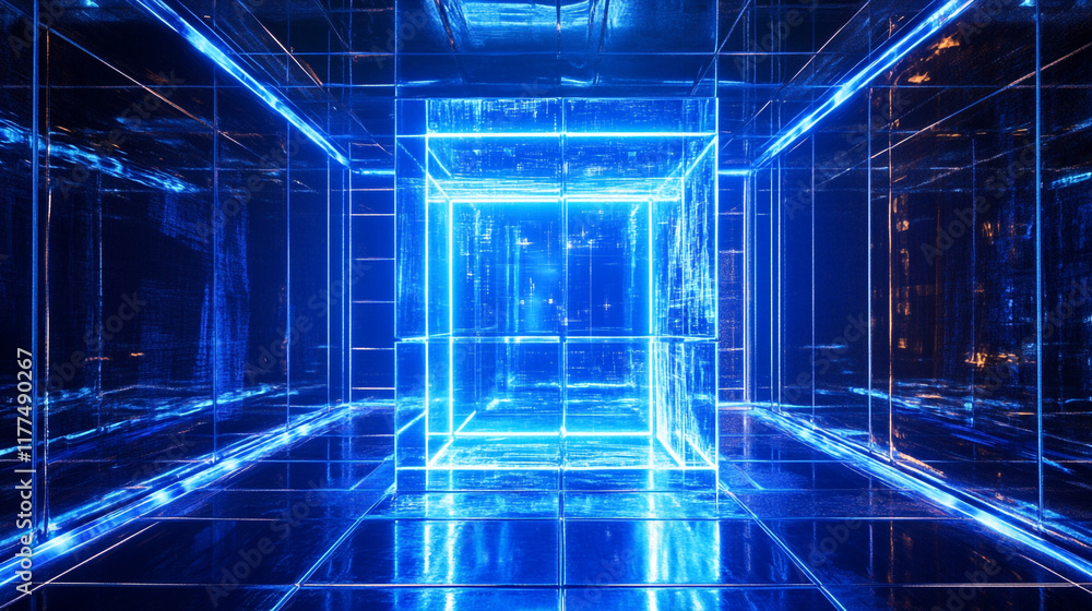 Poster bright blue illuminated cube in a reflective dark room creating a futuristic atmosphere