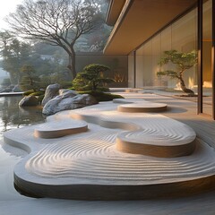 Serene Zen Garden with Raked Sand Ornamental Bonsai and Tranquil Pond in Traditional Japanese Architecture