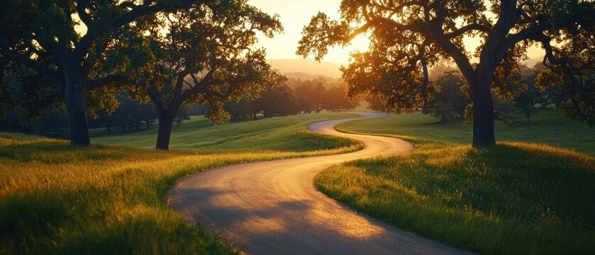 Lighting romantic and peaceful serene. Serene winding road through lush greenery under a warm sunset glow.