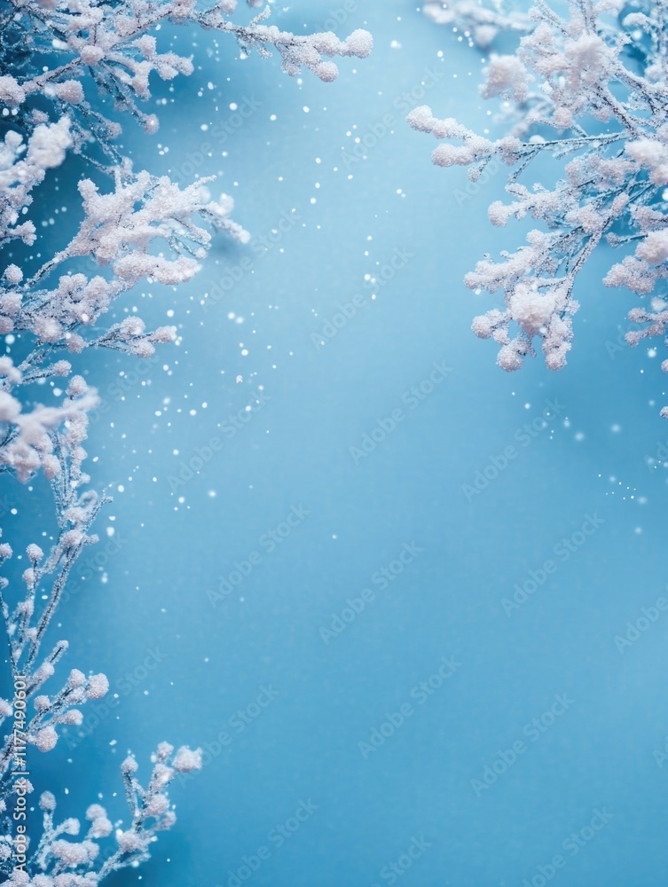 Poster elegant winter scene featuring delicate snow-covered branches on a serene blue background with ample