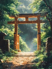 Ornate Torii Gate at Shinto Shrine in Lush Japanese Landscape with Gentle Sunlight