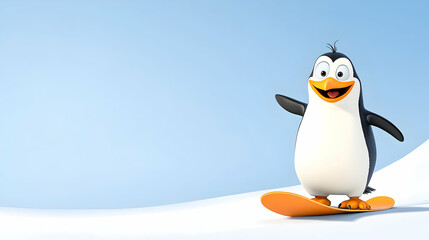 Happy penguin snowboarding on snowy hill, winter background; ideal for children's books, websites, or cards.