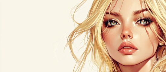 Fototapeta premium Blonde Woman Portrait with Stunning Makeup and Expressive Eyes Against Light Beige Background Ideal for Copy Space and Advertising