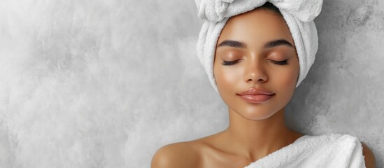 Relaxing biracial young woman with closed eyes and towel wrapped on head in serene spa bathtub setting with soft neutral gray tones and ample empty space for text