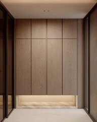 Modern entrance interior with wooden cabinets and minimalistic design. Light background highlighting the sleek cabinetry. Concept of contemporary home living. 3D Rendering