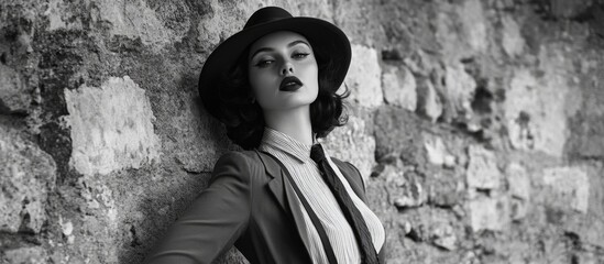 Elegant young woman in black and white film noir style wearing a man's suit and hat poses confidently against a textured stone wall, showcasing sophistication and vintage allure.
