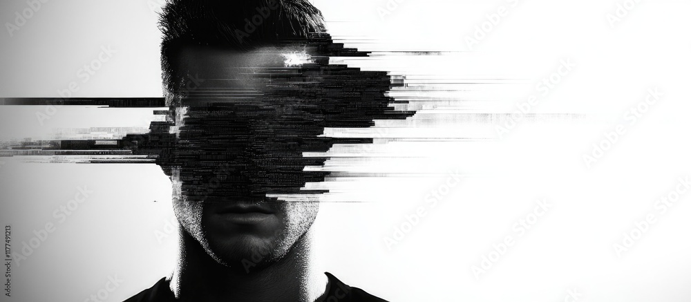 Poster abstract black and white portrait of a man with digital glitch effect creating distortion and signif