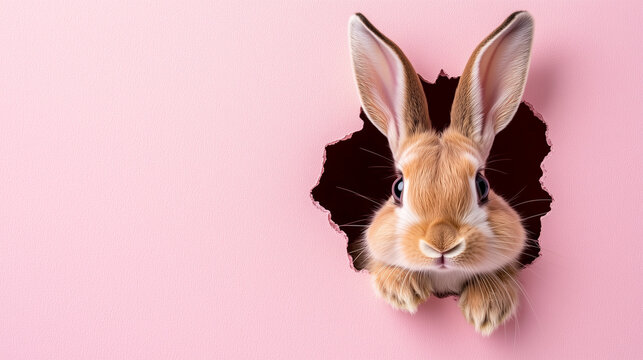 Rabbit peeking through torn pink paper. Minimalist animal portrait with vibrant background. Easter and spring concept for greeting cards and advertisements.