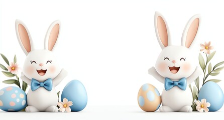 Obraz premium Adorable cartoon bunnies with pastel decorated eggs and flowers symbolize joy and celebration. Perfect for Easter-themed designs or cheerful springtime greetings.