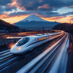 High Speed Bullet Train Racing Through Scenic Japanese Countryside with Mount Fuji in the Distance