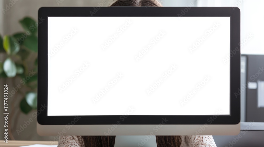 Poster tired caucasian woman working from home in modern office with empty white computer screen greenery i