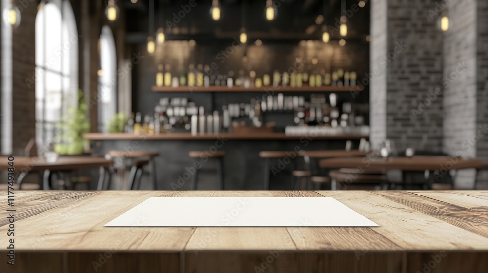 Poster cafã© interior with wooden table and empty space for text in a rustic bar setting featuring warm lig