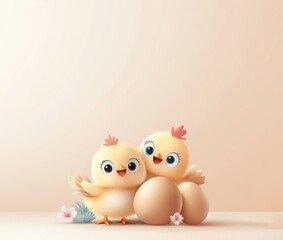 Cute cartoon chicks sitting together with eggs and small flowers on a soft pastel background. Perfect for Easter, children's themes, and playful designs.