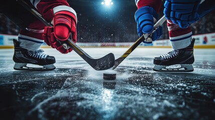 Close-up of hockey sticks clashing over puck at center ice, surrounded by dynamic energy of competition, representing pivotal moment in winter tournament.