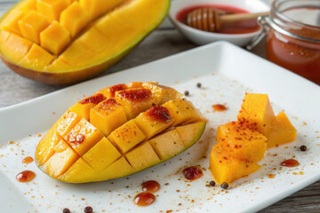 Freshly Sliced Mango with Honey and Spices on a White Plate
