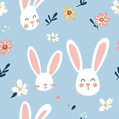 Cute bunny and floral pattern on light blue background