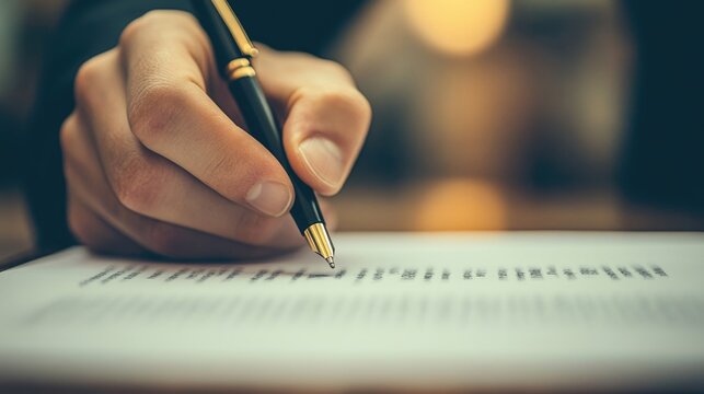Professional insurance agent signing home buying agreement with a pen in a modern office setting featuring warm tones and ample copyspace for text