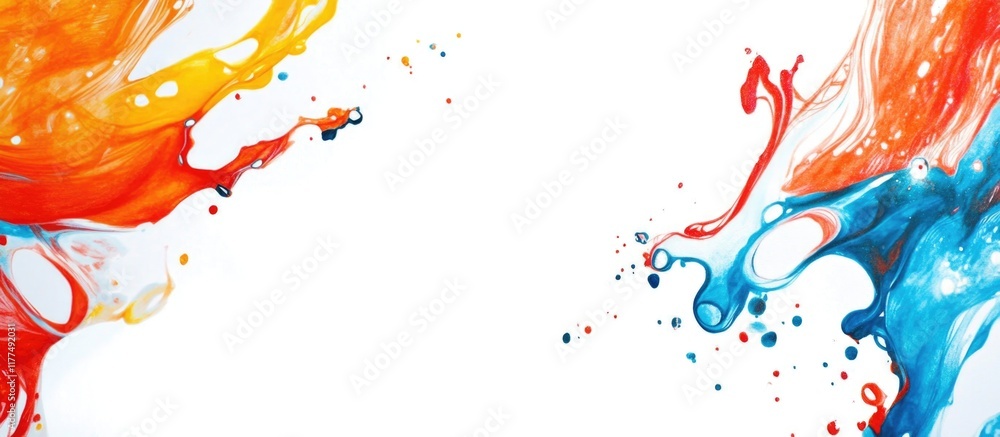 Poster vibrant ebru technique displayed by children with splashes of orange blue and red on white backgroun
