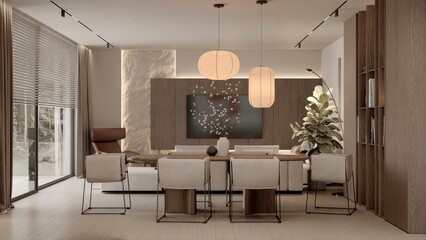 Stylish home interior with tv zone and fireplace in a modern living room.