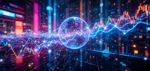 A futuristic depiction of a bubble encapsulating stock market trends, set against a vibrant, abstract background featuring colorful lights and dynamic graphs
