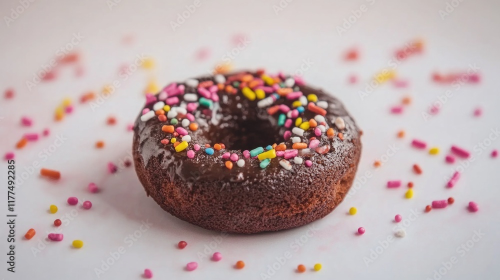 Poster chocolate donut adorned with vibrant colorful sprinkles on a light background with scattered sprinkl