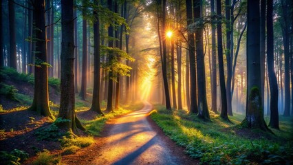 Obraz premium Low Light Forest Path: Mysterious Woodland Trail at Dusk