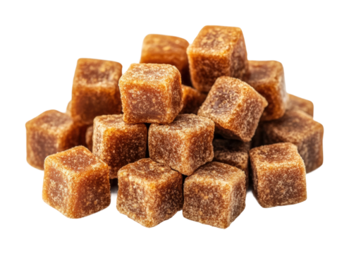 Delicious caramel cubes piled on food high fidelity studio setting close-up sweet treat concept for culinary enthusiasts isolated on transparent background