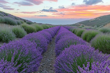 Obraz premium Lavender field rows at sunset with coastal view and colorful sky