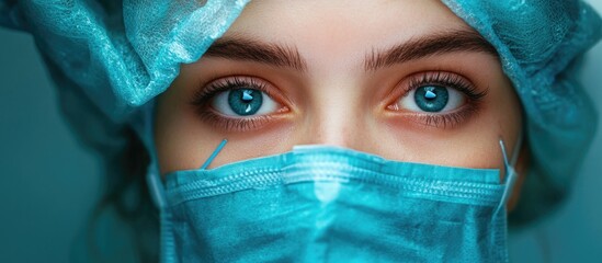 Close up portrait of a young woman with striking blue eyes in surgical attire featuring a teal surgical mask and cap against a soft blurred background for cosmetic surgery concepts.