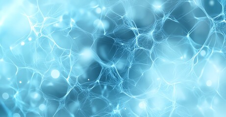 Abstract blue network with interconnected nodes resembling neural pathways or molecular structures on a light background, illustrating connections and complexity.